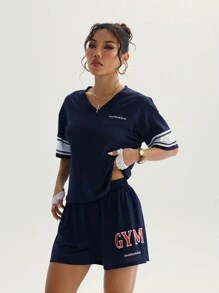 SHEIN Sport Studio Vrouwen gestreepte korte mouw top en shorts yoga tennis casual sport 2-delige set