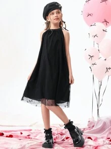 SHEIN Explorewe Tween Girls Butterfly Pattern Bow Lace A-Line Dress - Black - View 7