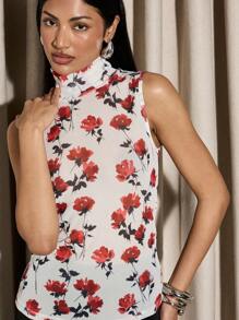AiiRZ High Neck Sleeveless Floral Sheer Top Valentines - Multicolor - View 3