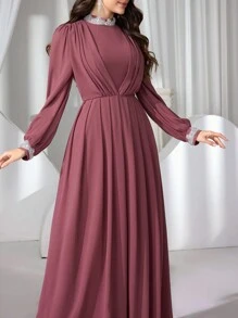 Coutiva Women Contrast Rhinestone Mock Neck Long Sleeve Prom Party Dress, Wedding Guest Dress, Formal Dress, Evening Dress