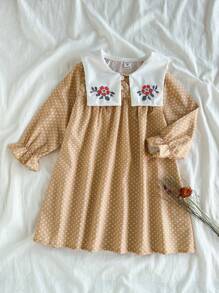 SHEIN Bebeluși, primăvară/toamnă, rochie simplă, elegantă, cu guler brodat, cu mânecă lungă, potrivită pentru ieșiri, vacanțe, petreceri, design relaxant și confortabil pentru copil mic