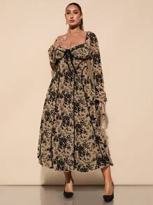 SHEIN BAE 大码女式甜美性感派对/约会之夜黑色提花荷叶边下摆及膝连衣裙