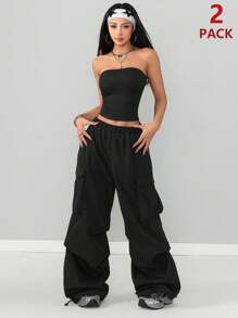 Coolane Women's Spring/Summer Going Out Concert Game Day Off The Shoulder Tube Top And Cargo Parachute Pants - Black - View 6