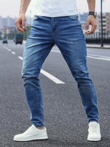 Manfinity Homme Men's Pockets Skinny Casual Versatile Jeans - Medium Wash - View 4