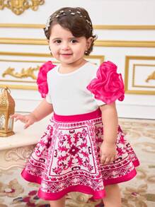 SHEIN Babygirl 花卉图案无袖上衣和迷你裙套装，夏季度假装 - 玫紅色 - 查看 3