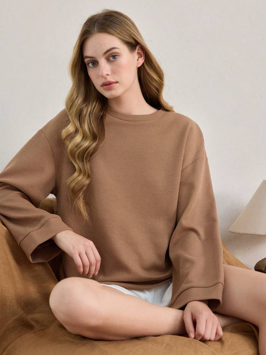 Ocili Leisure Women's Soft Waffle Knit Comfy Long Sleeve Off Shoulder Pajama Tops Casual Loungewear