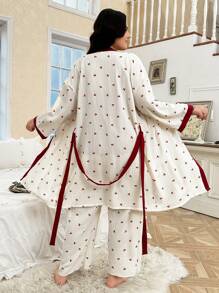 CottageSlumber Conjunto de camisola y bata de dormir de talla grande con bloque de color e impresión de cerezas, perfecto para vacaciones