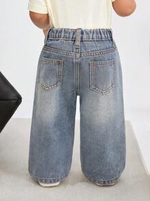 SHEIN Baby Girls' Vintage Blue Denim Wide-Leg Pants