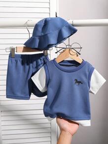 SHEIN Playful Pals Baby/Baby Boy 3-Piece Set: 2-In-1 Waffle Knit Short Sleeve Top, Shorts & Hat Outfit, Elegant Style Suitable For Casual Outdoor, School, Vacation, Family Leisure, Sports And Gatherings Boy Clothes Baby Boys Sets Boy Clothes For Kids Baby Boys Sets Boy Baby Clothes - Multicolor - View 3