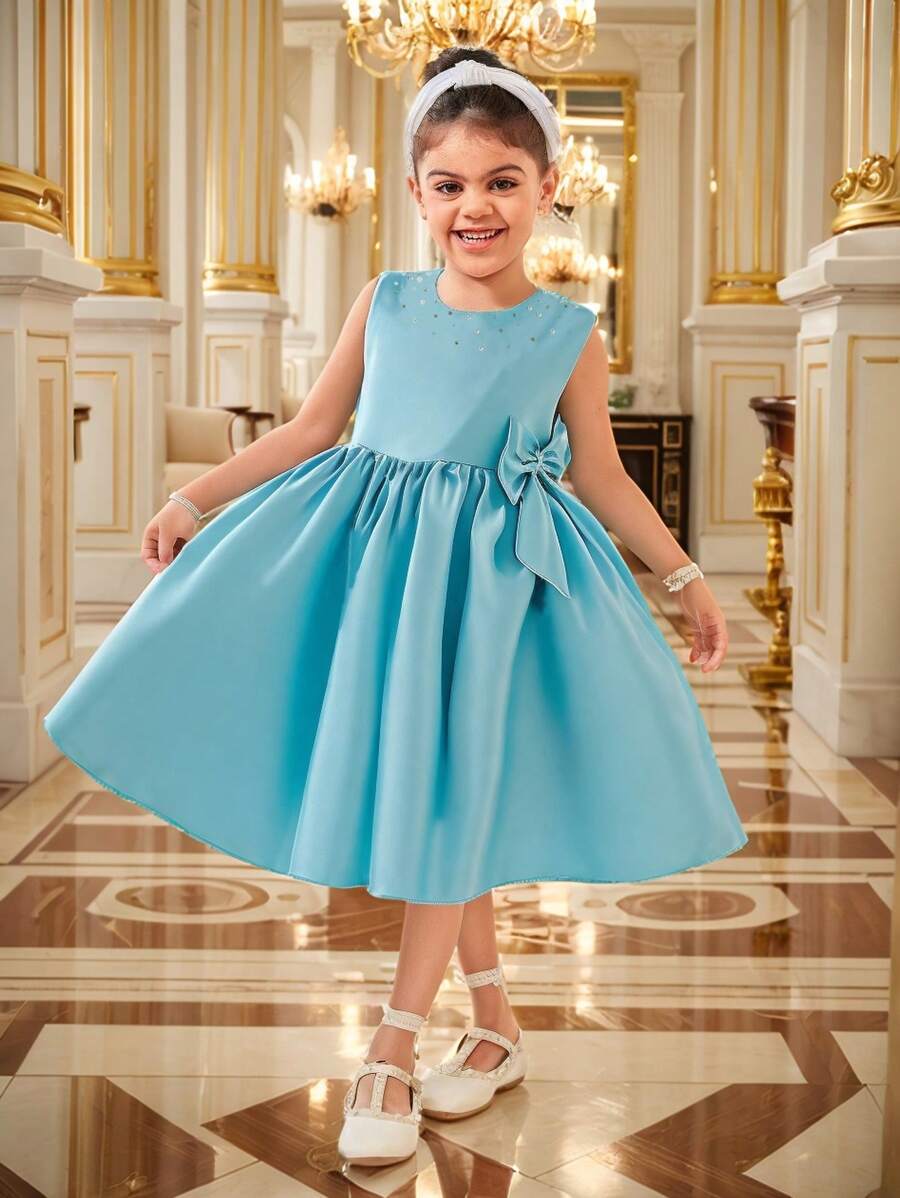 1 件女童优雅薄荷绿缎面派对礼服，配手工串珠蝴蝶结，无袖收腰喇叭形设计，适合夏季婚礼、派对 - 綠色 - 查看 1