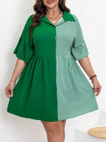 SHEIN LUNE Vestido camisero de talla grande con bloques de color y rayas