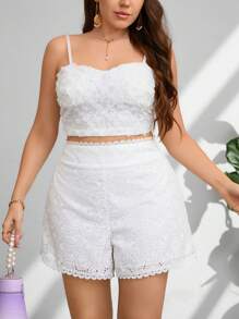 SHEIN Privé Women's White Embroidered Lace Trim Splice Shorts, Casual Summer Bottoms, Perfect For Wedding/Romantic Season