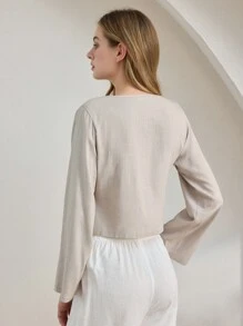 Ocili Leisure Comfortable Linen Overlap Collar Tie-Up Blouse, Women Casual Homewear Top - Pink - View 3