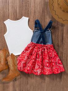 SHEIN Young Girls 2pcs Sets, Spring And Summer Wildeya New Retro Styles: Fashionable Casual Washed Blue Patchwork Red Retro Print Suspender Skirt With Apricot Camisole, Cute And Suitable For Outdoor Activities, Everyday Wear, And Ranch Life, School, Campus, College
