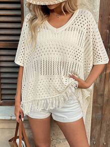 Breezaya Loose V-Neck Batwing Sleeve Openwork Tassel Hem Apricot Knitted Top For Women, Vacation Style, Spring/Autumn - Apricot - View 3