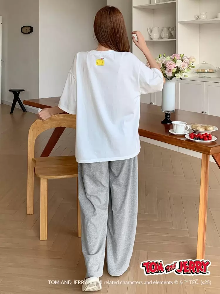 TOM AND JERRY X DAZY Cute Cartoon Print T-Shirt & Loose Straight Leg Pajama Pants Sleepwear Set