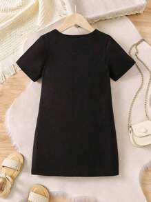 Girls' Ramadan Lantern Print Round Neck Short Sleeve Straight Knit Dress, Elegant For Party - Black - View 2