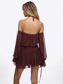 MISSGUIDED Off Shoulder Boho Renaissance Medieval Peasant Dress Ruched Waist Long Bishop Sleeve Mini Festival Party Evening Fall Winter Dress With Ribbon Hair Accessories,Country - Brown - View 2