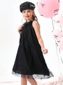 SHEIN Explorewe Tween Girls Butterfly Pattern Bow Lace A-Line Dress - Black - View 4