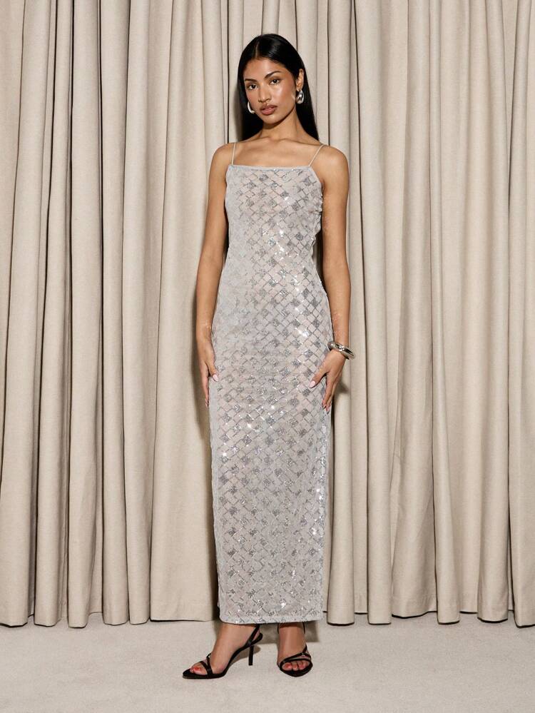 Spaghetti Strap Sequin Sheath Maxi Dress