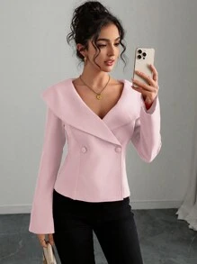 Chiquease 女士纯色优雅休闲通勤宽翻领露肩喇叭袖长袖衬衫，春秋季新年衣服女衬衫 - 淺粉色 - 查看 3