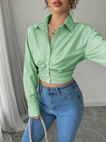 Elenzga Women Casual Striped Cropped Ruched Long Sleeve Shirt, Spring - Green - View 4