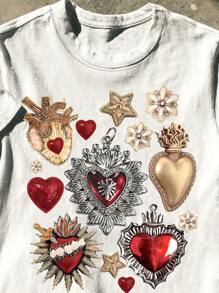 Noixe Y2K Street Faith-Inspired Ruby & Gold Sacred Heart Print Damska koszulka z okrągłym dekoltem
