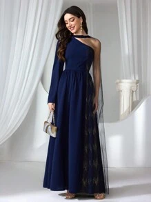 Coutiva Women New Special Patchwork Long Sleeve Formal Evening Gown, Wedding Guest Dress, Party Dress, Prom Dress
