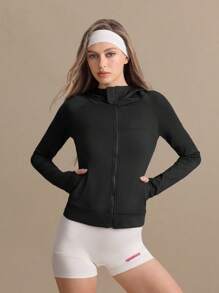 Gameset SHEIN Sport 女士纯色斜口袋前拉链连帽运动夹克 - 黑色 - 查看 4