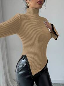 Elenzga Women's Tan Ribbed Mock Neck Sweater With Contrast Trim And Bell Sleeves Knit Pullover Fall Winter - Multicolor - View 6
