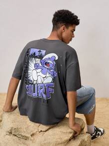 SHEIN X The Smurfs 男士休闲卡通印花圆领短袖T恤，夏季 - 深灰色 - 查看 4