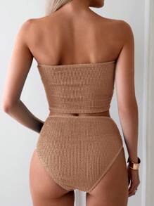 Swim Basics 女士纯色休闲抹胸比基尼套装，适合夏季海滩度假 - 棕色 - 查看 2