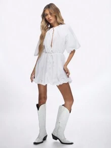 MISSGUIDED Puff Sleeve Mini Dress With Drawstring Waist Bubble Hem Evening Party Cotton Poplin Summer Spring Fashion Tie Front V-Neck Style - White - View 3