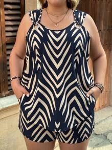 SHEIN VCAY 加大码优雅靛蓝几何图案衬衫搭配宽松口袋短裤，两件套，度假休闲装，波西米亚风，西部风，沙滩装，女士夏季服装 - 藍色 - 查看 4