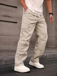 Manfinity Homme Men's Solid Color Drawstring Waist Cargo Pocket Pants, For Back To School