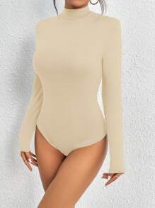 INAWLY Women's Solid Color Stand Collar Long Sleeve Slim Fitted Bodysuit, Casual For Everyday Wear Fall Cloth For Women - Apricot - View 4