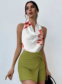 Firerie Blusa elegante, romántica y fashionable para el día a día, adecuada para fiesta, vacaciones, citas románticas y atuendo de boda, cumpleaños, Día de San Valentín - Blusa naranja con estampado floral, tipo halter y tirantes