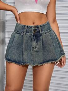 SHEIN ICON Denim Fringed Skirt - Dark Wash - View 3