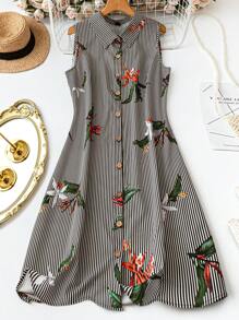 SHEIN LUNE 大码女式简约无袖夏季条纹单花卉印花衬衫领连衣裙 - 彩色 - 查看 1