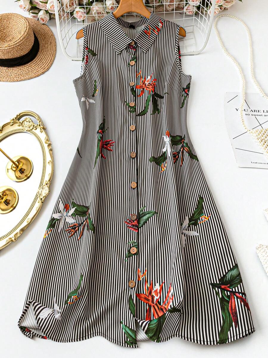 SHEIN LUNE 大码女式简约无袖夏季条纹单花卉印花衬衫领连衣裙 - 彩色 - 查看 1