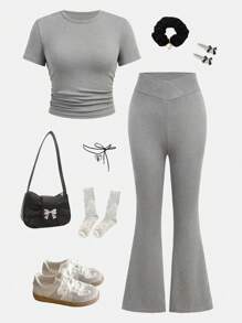 SHEIN 2 Pieces Teen Girl Set, Grey Basic Short Sleeve Cropped Knit Top And Flare Long Pants, Elegant Casual Vacation - Grey - View 1