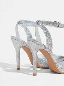 CUCCOO TILAWA Women Fashion Pointed Toe Full Rhinestone Sexy Backless Silver High Heel Party Sandals, Strap Ankle Strap Ladies Pumps