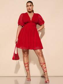 SHEIN BAE Robe d'été/printemps élégante et décontractée pour femmes grandes tailles, manches bouffantes rouges, col V, coupe évasée. Robe mini chic, ajustée à la taille, robe en mousseline à pois. Robe de graduation, robe invitée de mariage, robe de soirée