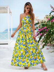 Vivid Eden Woven Printed Open Back Dress For Women,Women Summer Clothing,Vacation Style,For Beach Vacation - Yellow - View 4