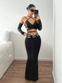 SHEIN ICON 女士合身交叉系带前袖可拆卸上衣