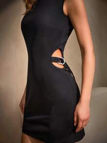 EURMUSE Women Solid Color Sleeveless Short Dress With Belted Detailed - Black - View 1