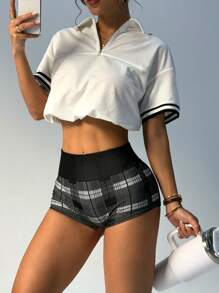 Easithlete Women's Plaid Casual Fitness Sports ShortsWomen Sweat Short, Gym Short, Biker Short - Black and White - View 1