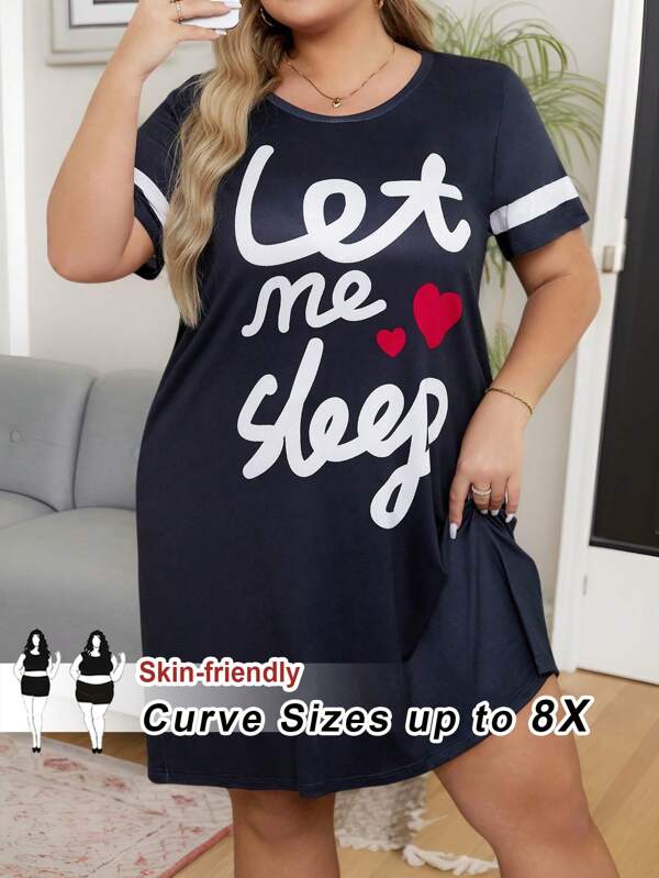 SHEIN CURVE+ Plus Size Letter Print Short Sleeves Dress For Summer