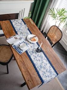 French Luxurious Vintage Printed Table Runner, Navy Blue Lace Edge Rectangle Tablecloth, Multi-Purpose Decorative Cover Cloth For Daily Gathering, Birthday Party, Table Decor,Fall Decor,Autumn Decor,Room Decor - Blue and White - View 6
