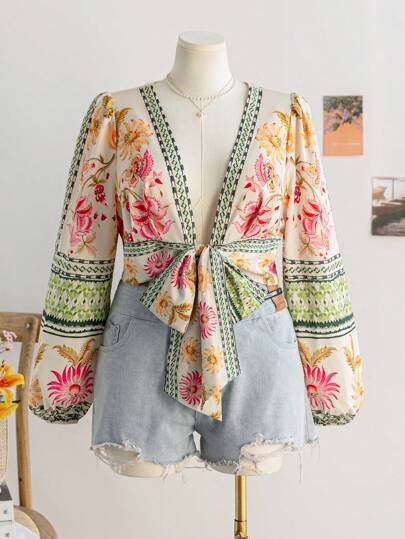 Dreamara Plus Size Women's Positioning Retro Print Deep V-Neck Long Sleeve Bowknot Blouse Top, Spring